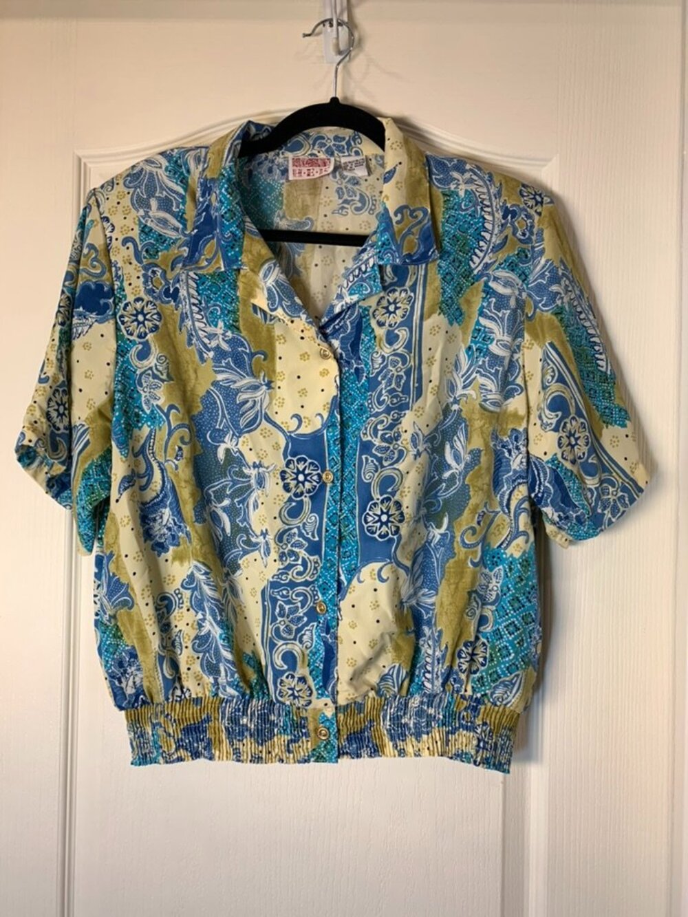 Vintage H.E.R. Paisley Blouse Blue‎ & Tan, Smocked Hem & Shoulder Pads, XL 80's